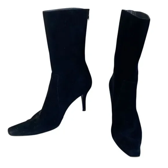Stuart Weitzman Empire Black Suede Mid Calf High Heel Boots Sz 10 - Picture 2 of 12